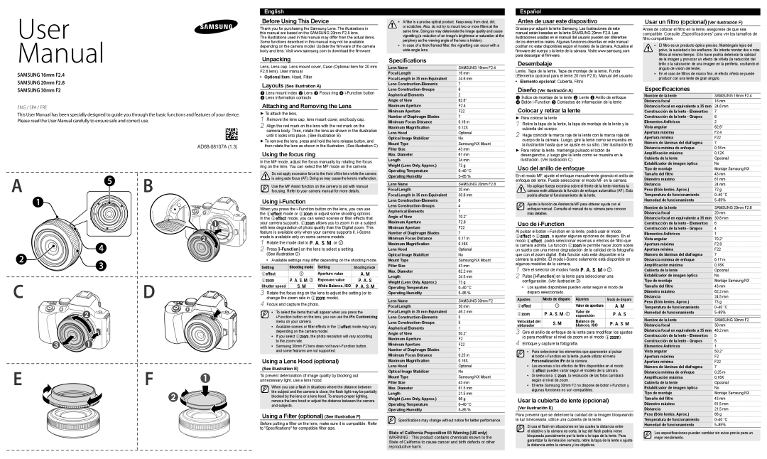 Samsung EX-W16ANW manual Before Using This Device, Unpacking, Attaching and Removing the Lens, Using the focus ring 