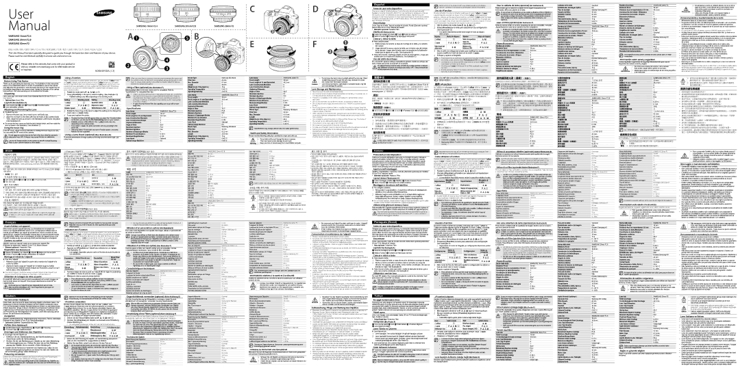 Samsung EX-W16ANW manual Antes de usar este dispositivo Desembalaje, Colocar y retirar la lente, Uso del anillo de enfoque 