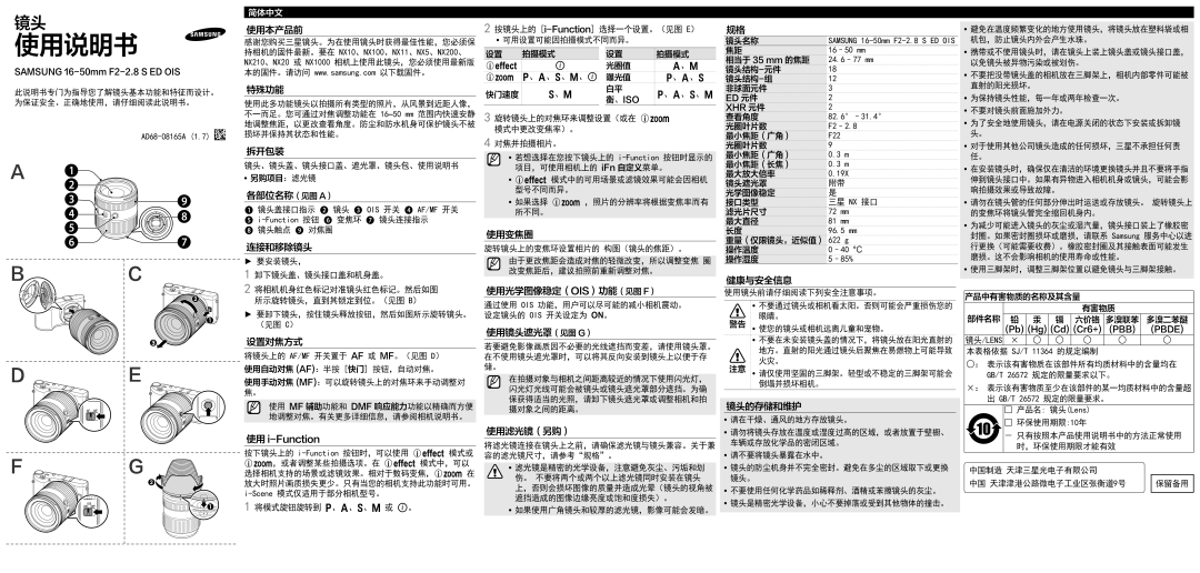 Samsung EX-S1650ASB manual 使用本产品前, 特殊功能, 拆开包装, 各部位名称（见图 A）, 连接和移除镜头, 设置对焦方式, 使用变焦圈, 使用光学图像稳定（Ois）功能（见图 F）, 使用镜头遮光罩（见图 G） 