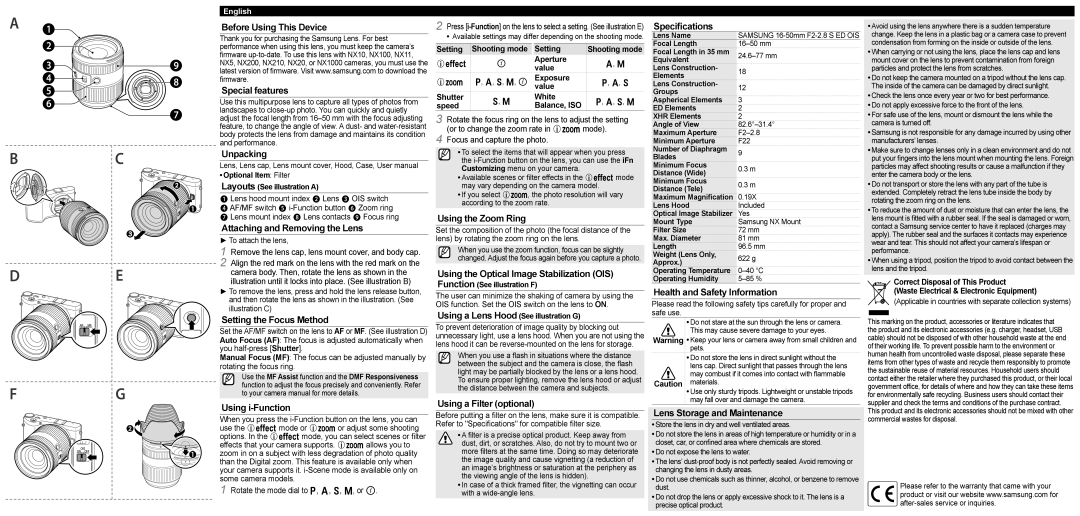 Samsung EX-S1650ASB Before Using This Device Special features, Unpacking, Attaching and Removing the Lens, Specifications 
