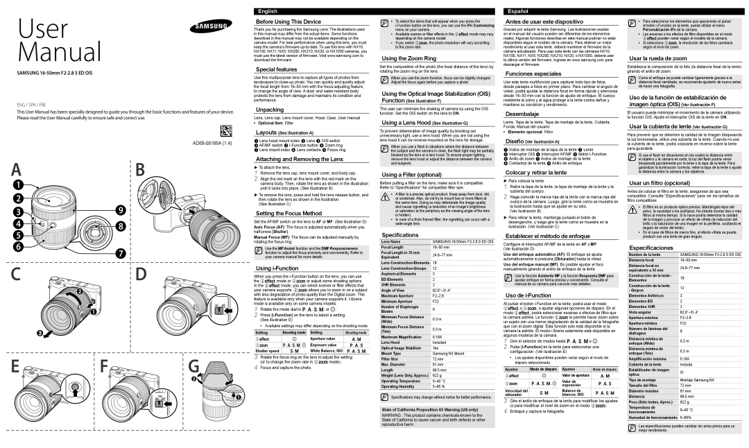 Samsung EX-S1650ASB manual Before Using This Device Special features, Unpacking, Attaching and Removing the Lens 