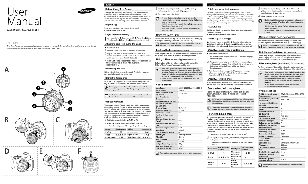 Samsung EX-S2050BNW manual Samsung 20-50mm F3.5-5.6 ED, Before Using This Device Unpacking, Unlocking the lens 