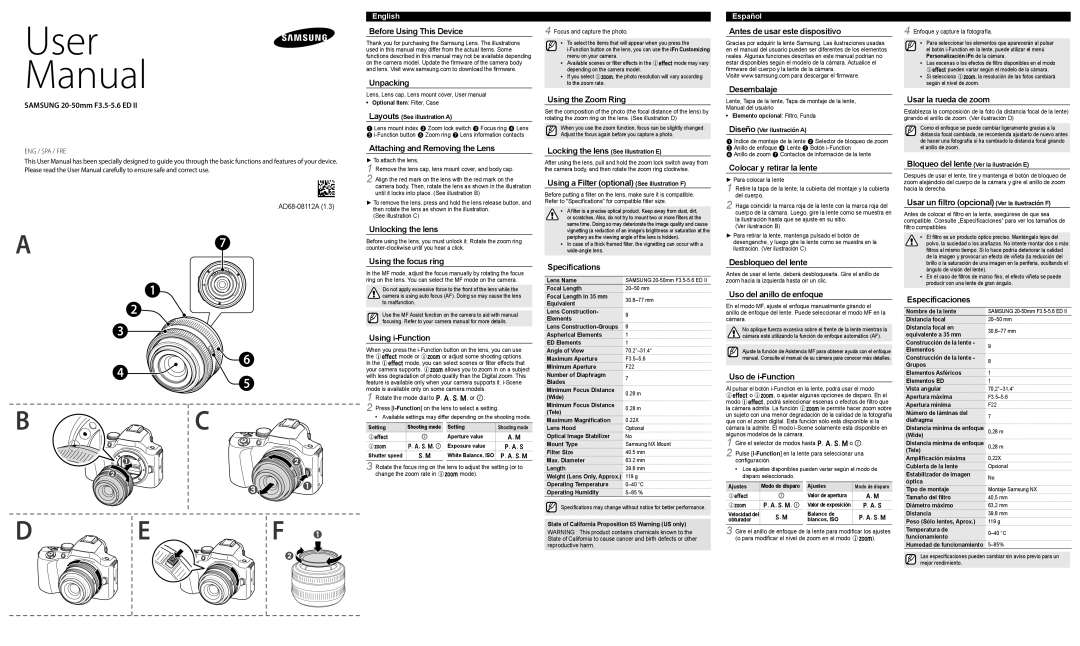 Samsung EX-S2050NB manual Samsung 20-50mm F3.5-5.6 ED, Before Using This Device Unpacking, Attaching and Removing the Lens 