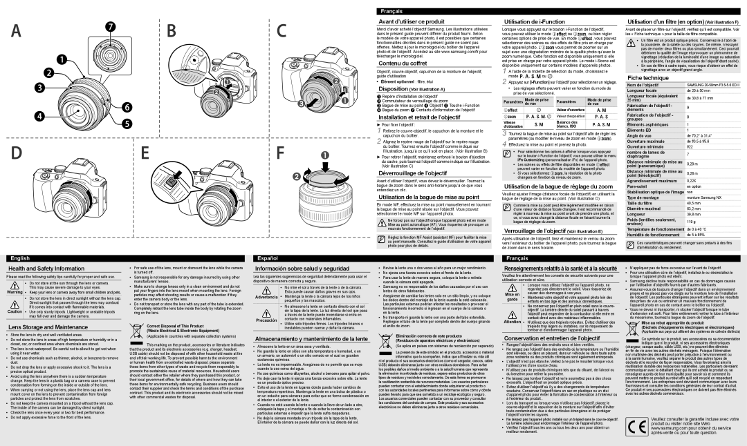 Samsung EX-S2050BNW, EX-S2050BNB Avant d’utiliser ce produit, Contenu du coffret, Installation et retrait de l’objectif 