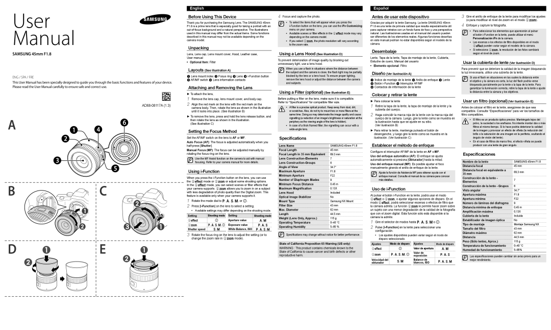 Samsung EX-S45ANB manual Before Using This Device, Unpacking, Attaching and Removing the Lens, Setting the Focus Method 