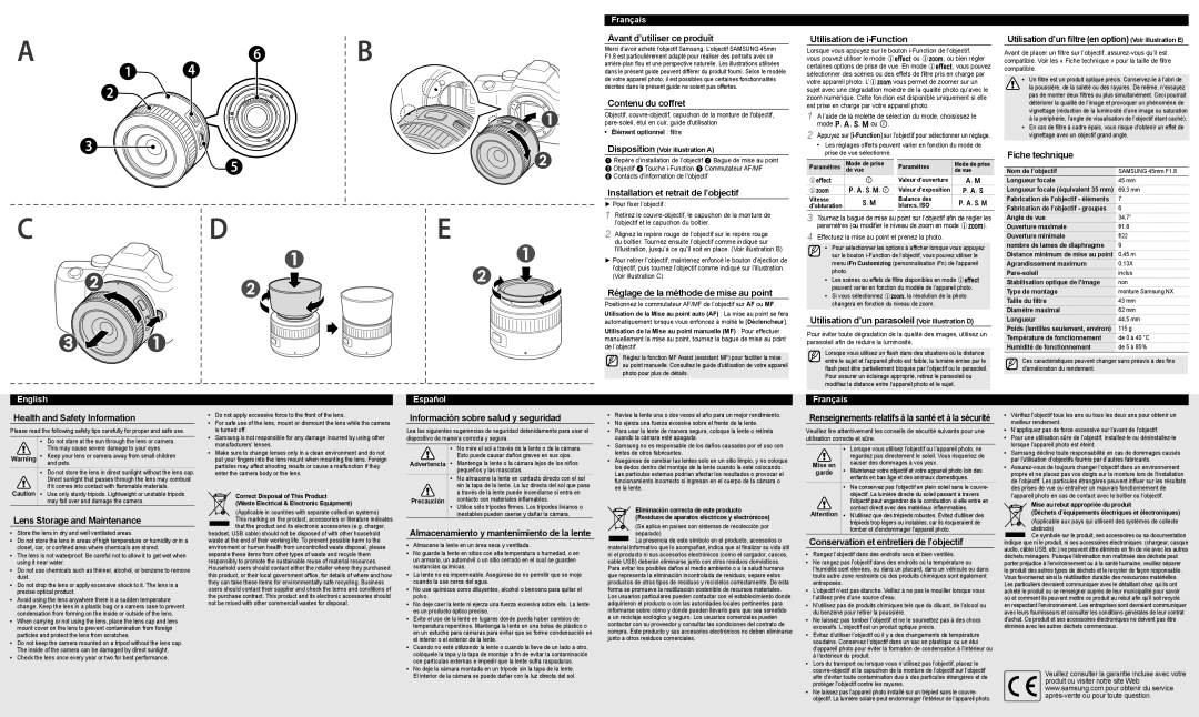 Samsung EX-S45ANB Avant d’utiliser ce produit, Contenu du coffret, Installation et retrait de l’objectif, Fiche technique 