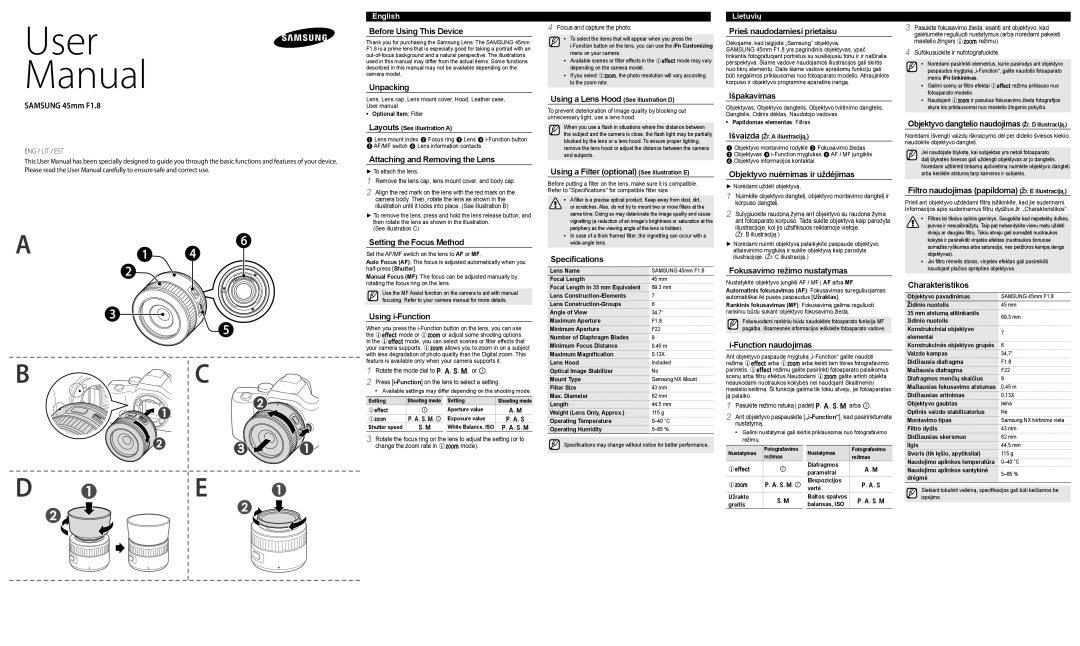 Samsung EX-S45ANB manual Before Using This Device, Unpacking, Attaching and Removing the Lens, Setting the Focus Method 