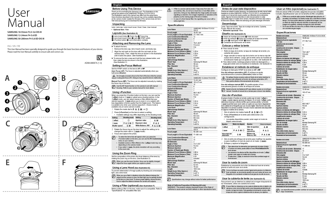 Samsung EX-T50200CSB manual Before Using This Device Unpacking, Attaching and Removing the Lens, Setting the Focus Method 