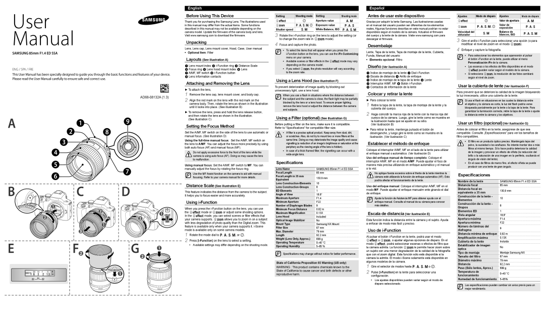 Samsung EX-T85NB manual Before Using This Device Unpacking, Attaching and Removing the Lens, Setting the Focus Method 