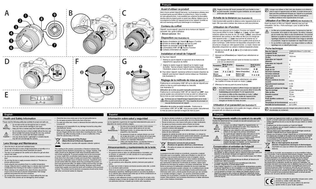 Samsung EX-T85NB manual Avant d’utiliser ce produit, Contenu du coffret, Echelle de la distance Voir illustration E 