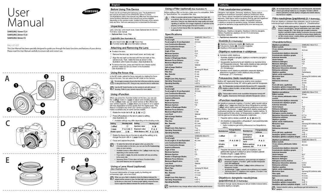 Samsung EX-W16NB manual Before Using This Device, Unpacking, Attaching and Removing the Lens, Using the focus ring 