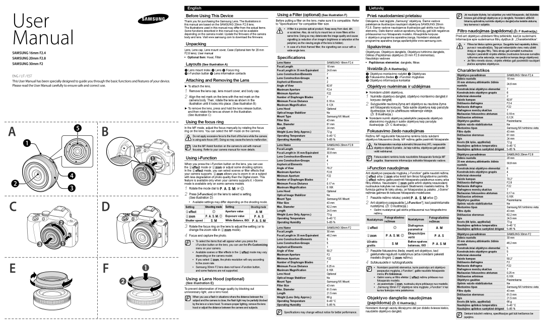 Samsung EX-W16ANW, EX-PS30NB, EX-W20NB manual SAMSUNG 16mm F2.4 SAMSUNG 20mm F2.8 SAMSUNG 30mm F2, User Manual, 5 B 