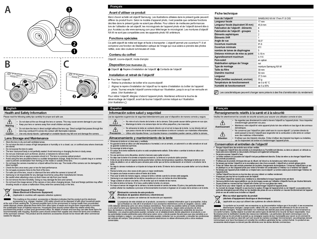 Samsung EX-YN17ZZZASEP Health and Safety Information, Lens Storage and Maintenance, Contenu du coffret, Fiche technique 