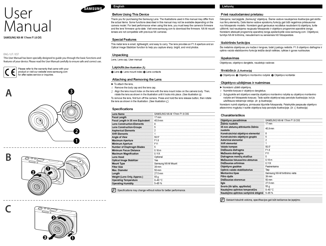 Samsung EX-YN17ZZZASEP manual Before Using This Device Special Features, Unpacking, Attaching and Removing the Lens 