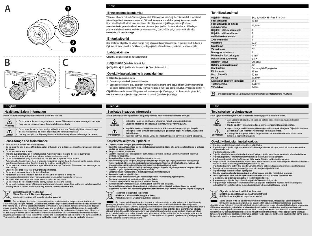 Samsung EX-YN17ZZZASEP Enne seadme kasutamist Erifunktsioonid, Lahtipakkimine, Objektiivi paigaldamine ja eemaldamine 