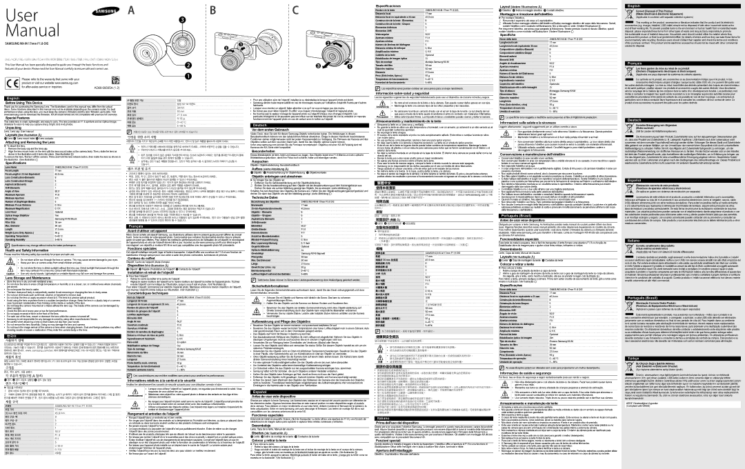 Samsung EX-YN17ZZZASEP manual Samsung NX-M 17mm F1.8 OIS, Especificaciones, Información sobre salud y seguridad, Unpacking 
