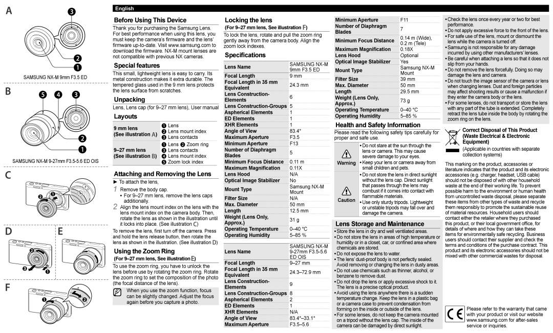 Samsung EX-YN9ZZZZASEP manual Before Using This Device Special features, Unpacking Layouts, Attaching and Removing the Lens 