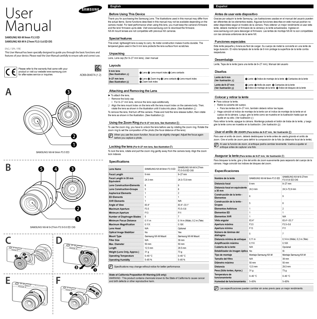 Samsung EX-YZ927ZZASEP manual Before Using This Device, Special features, Unpacking Layouts, Specifications, Desembalaje 