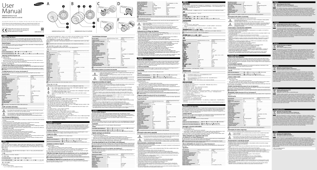 Samsung EX-YZ927ZZASEP manual AD68-08403A, Sicherheitsinformationen, Aufbewahrung und Pflege des Objektivs, Specifications 