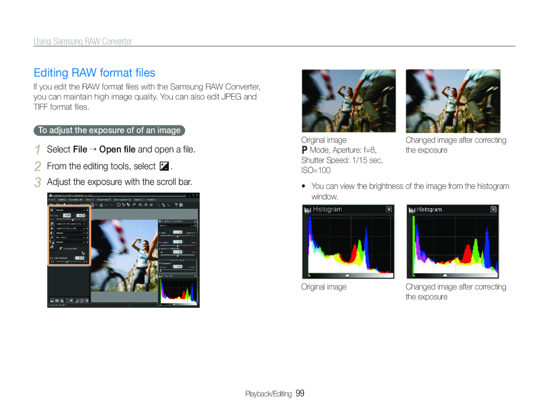 Samsung EX1 Editing RAW format ﬁles, Adjust the exposure with the scroll bar, To adjust the exposure of of an image 