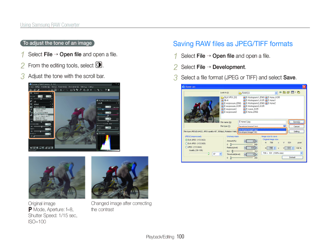 Samsung EX1 Saving RAW ﬁles as JPEG/TIFF formats, Adjust the tone with the scroll bar, To adjust the tone of an image 