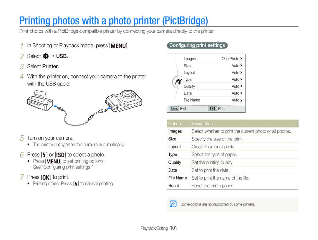 Samsung EX1 user manual Printing photos with a photo printer PictBridge, Press F or I to select a photo, Press o to print 