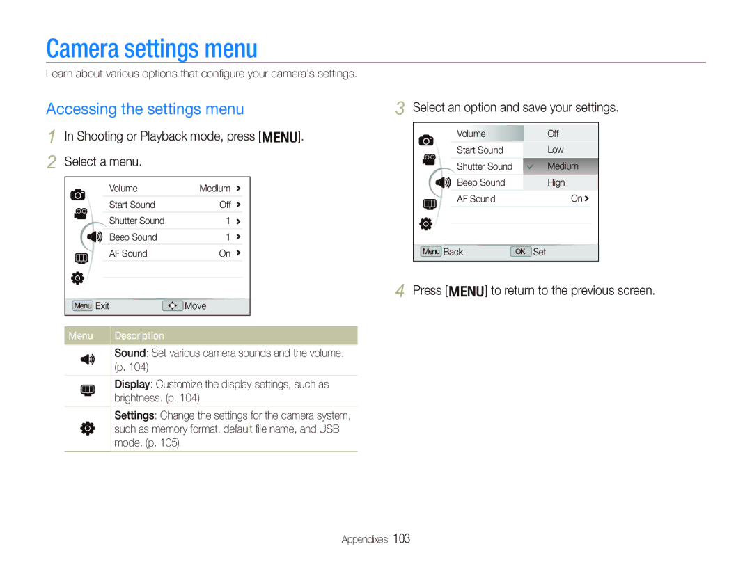 Samsung EX1 user manual Camera settings menu, Accessing the settings menu, Shooting or Playback mode, press m Select a menu 