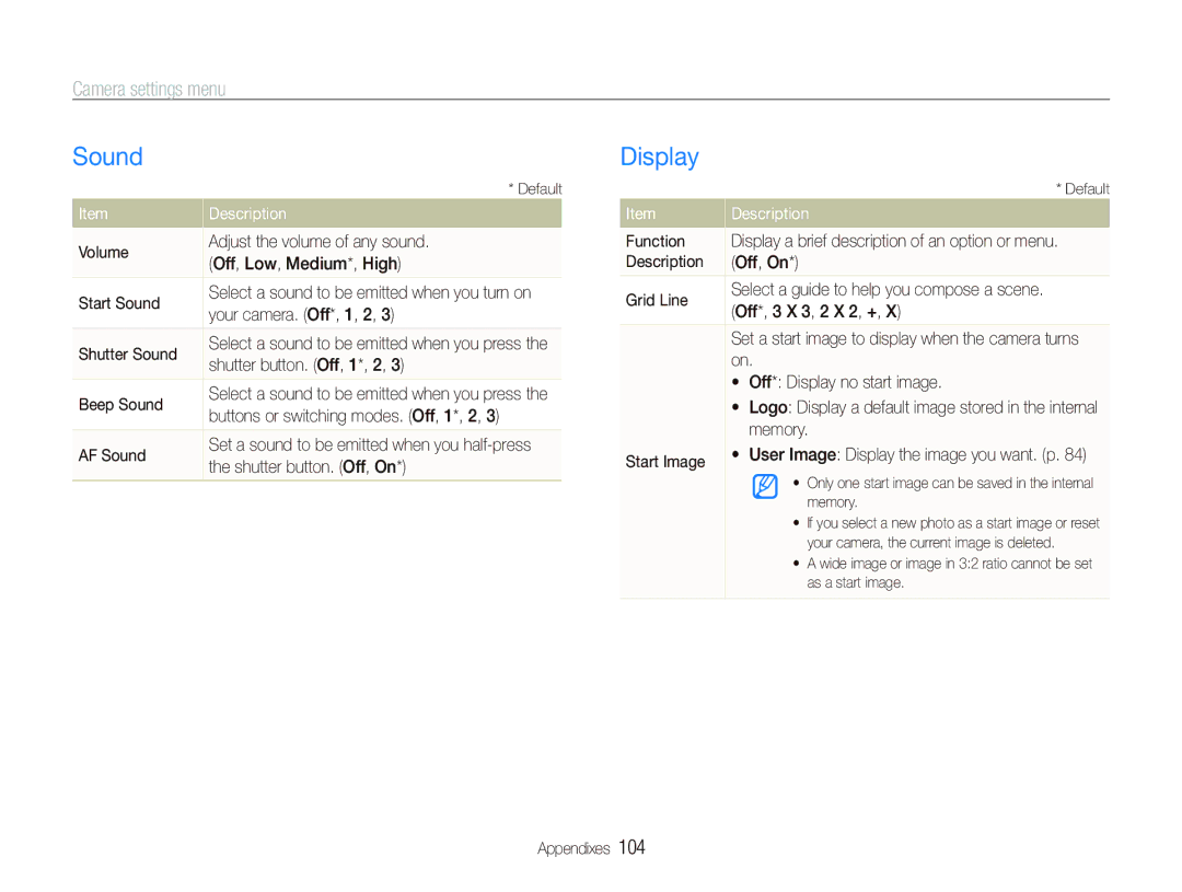 Samsung EX1 user manual Sound, Display, Camera settings menu 