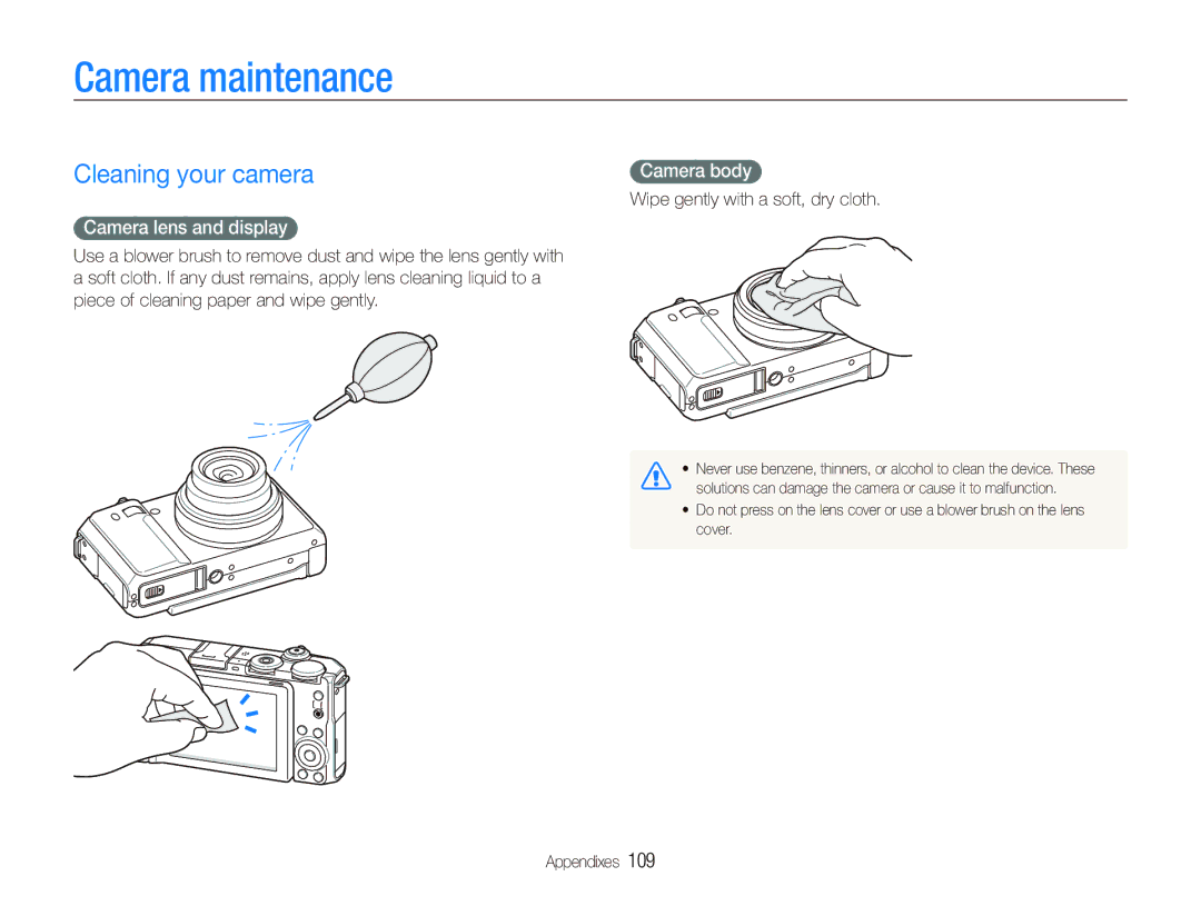 Samsung EX1 user manual Camera maintenance, Cleaning your camera, Camera lens and display, Camera body 