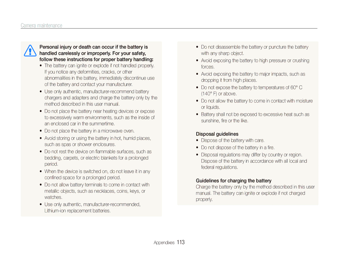 Samsung EX1 user manual  Do not place the battery in a microwave oven 