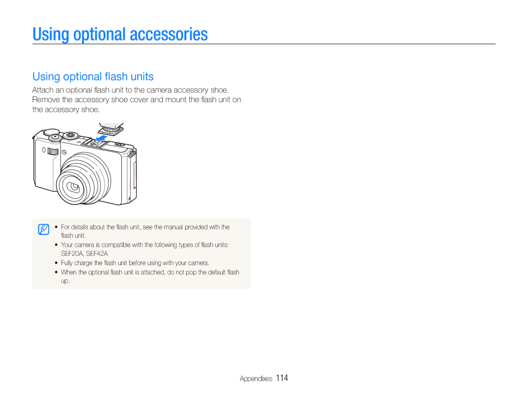 Samsung EX1 user manual Using optional accessories, Using optional ﬂash units 