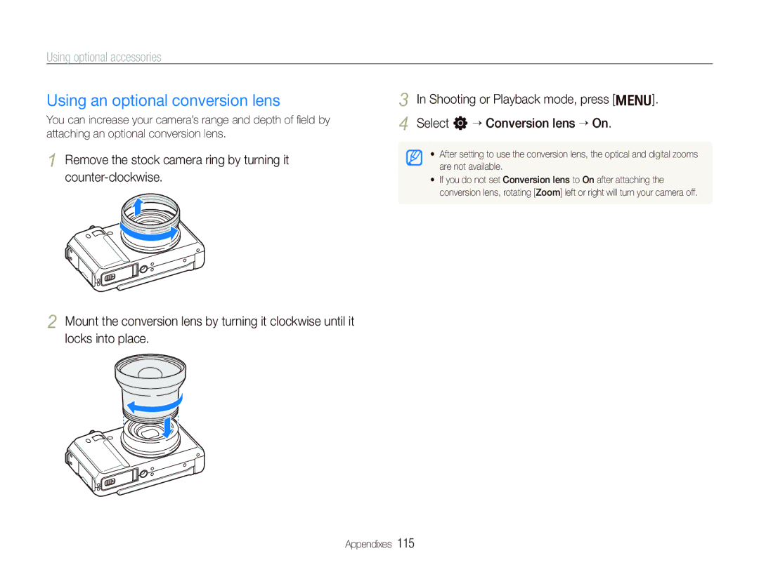 Samsung EX1 user manual Using an optional conversion lens, Using optional accessories 