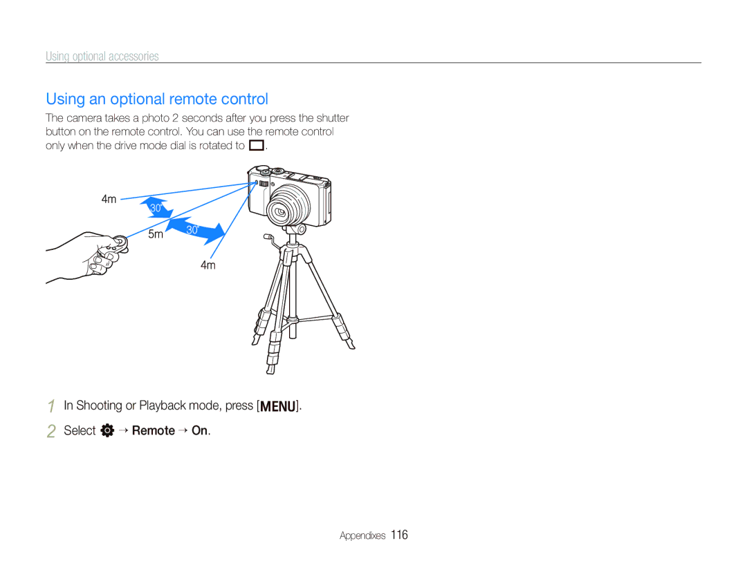 Samsung EX1 user manual Using an optional remote control, Shooting or Playback mode, press m Select n ““Remote ““On 