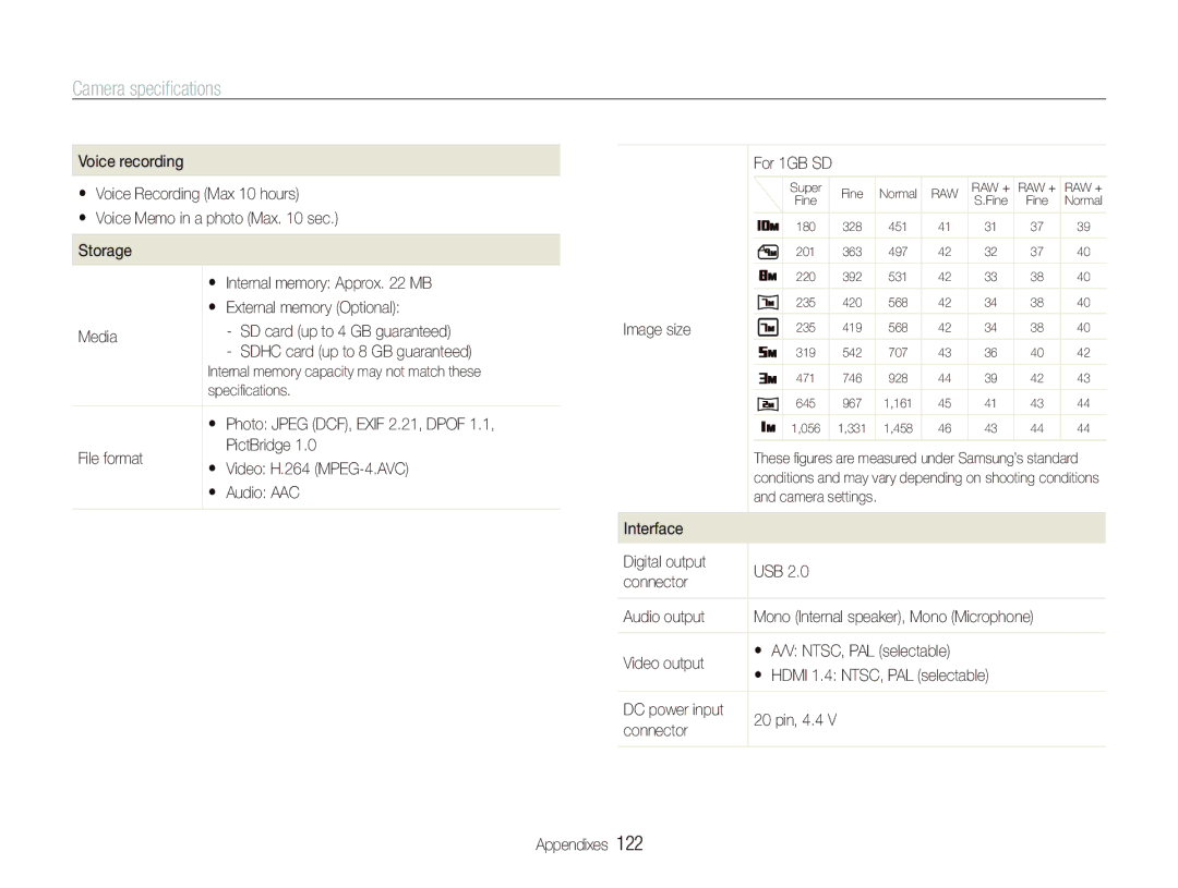 Samsung EX1 File format PictBridge  Video H.264 MPEG-4.AVC  Audio AAC, Image size, Video output, DC power input 