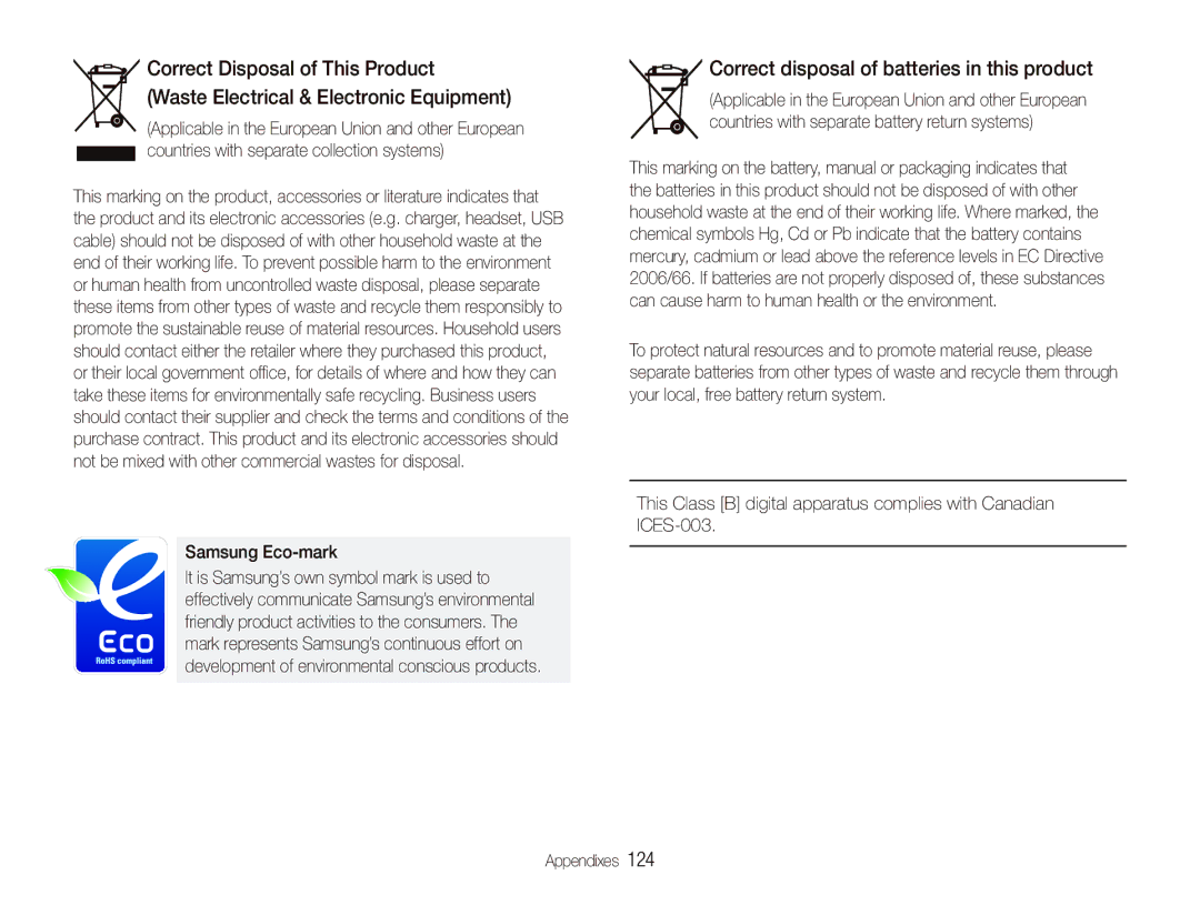 Samsung EX1 user manual Correct disposal of batteries in this product, Samsung Eco-mark 