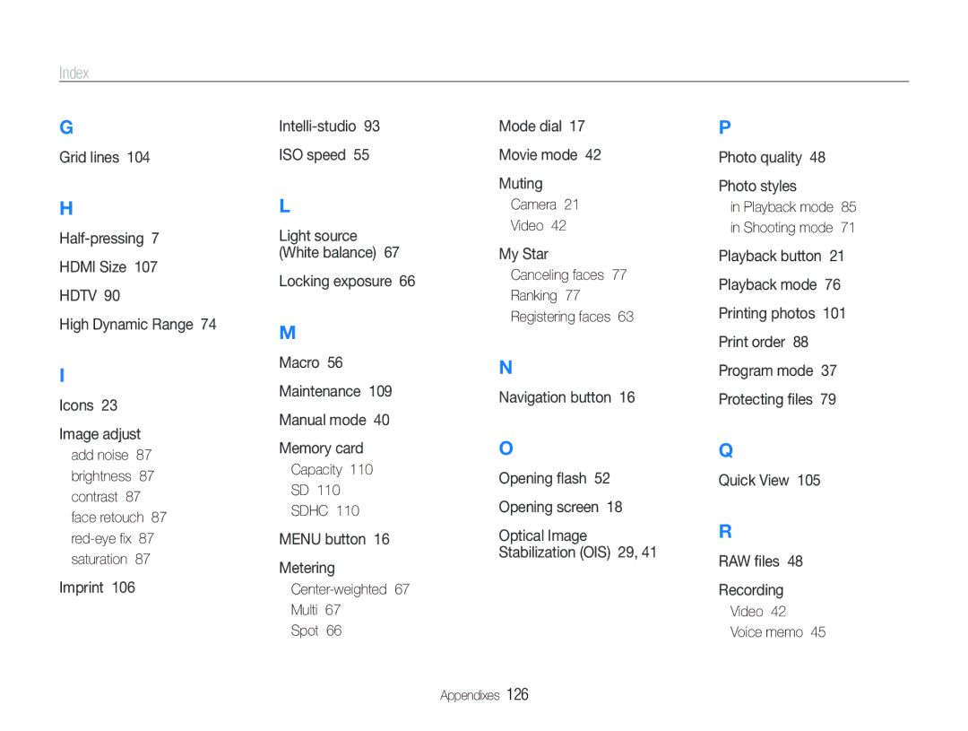 Samsung EX1 user manual Index, Capacity Sdhc, Center-weighted Multi Spot, Camera Video, Video Voice memo Appendixes 