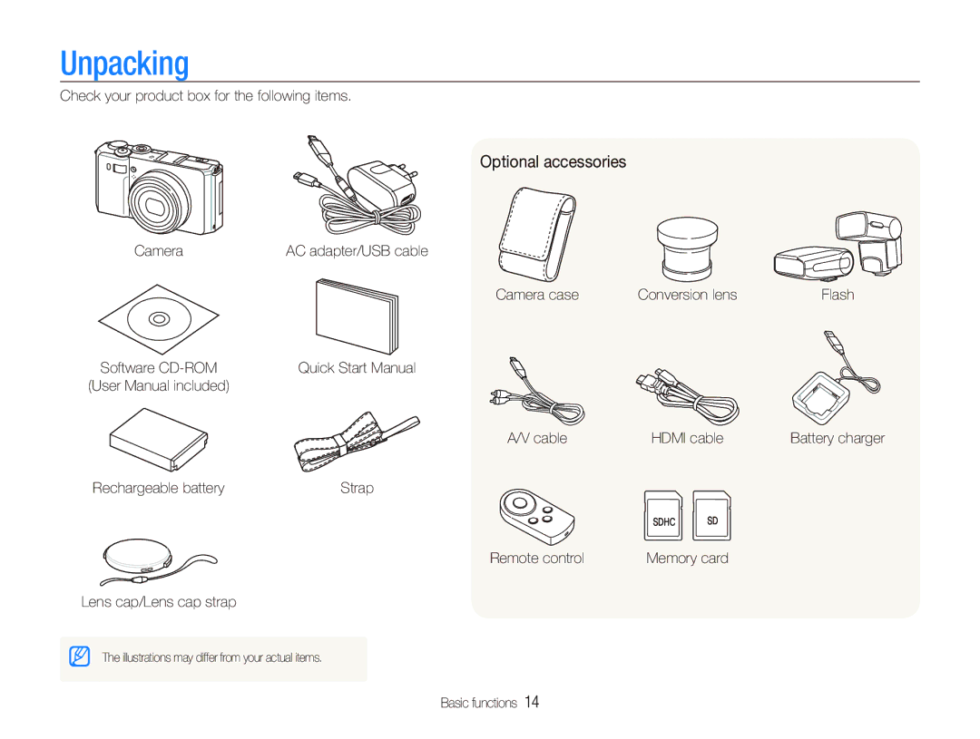 Samsung EX1 user manual Unpacking, Optional accessories 