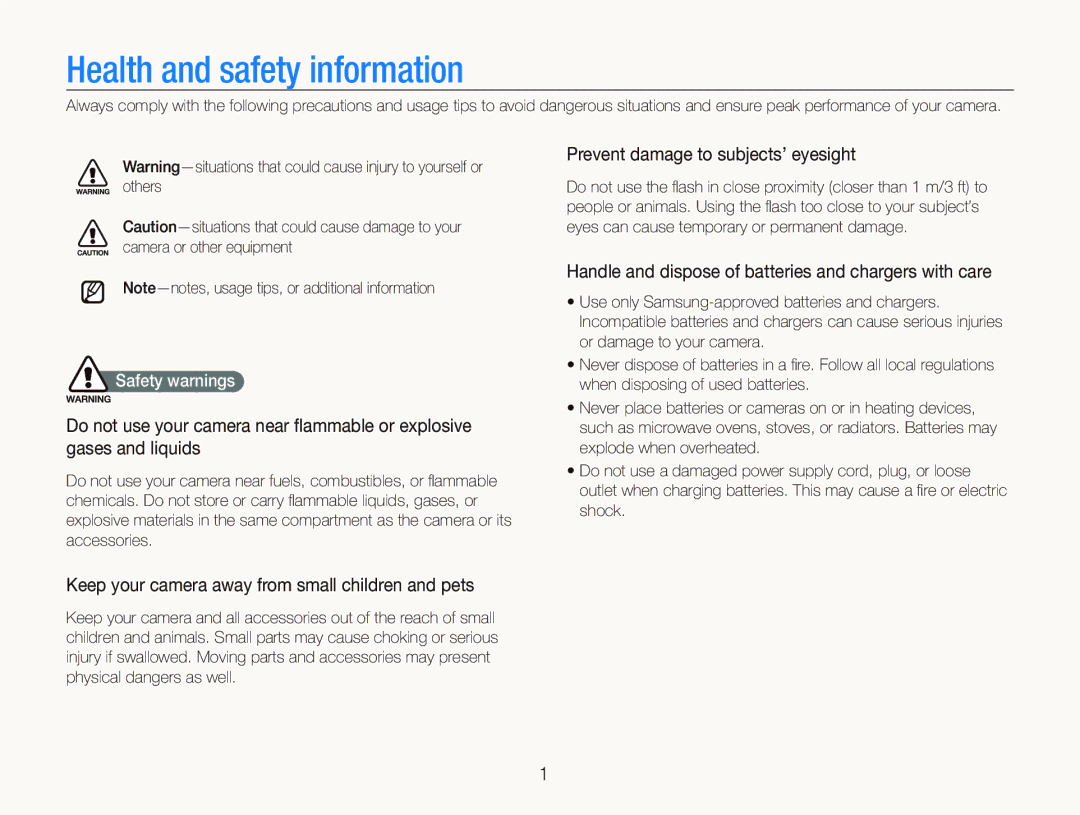 Samsung EX1 user manual Health and safety information, Prevent damage to subjects’ eyesight, Safety warnings 