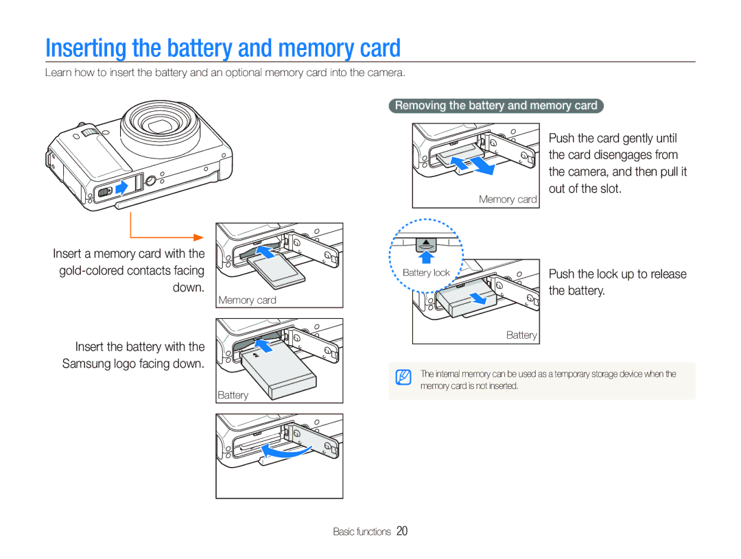 Samsung EX1 user manual Inserting the battery and memory card, Insert the battery with Samsung logo facing down, Battery 