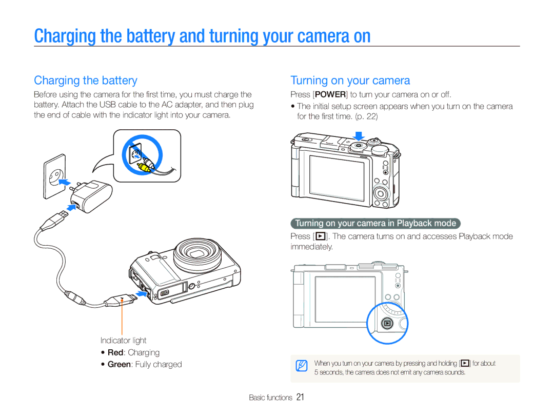 Samsung EX1 user manual Charging the battery and turning your camera on, Turning on your camera 