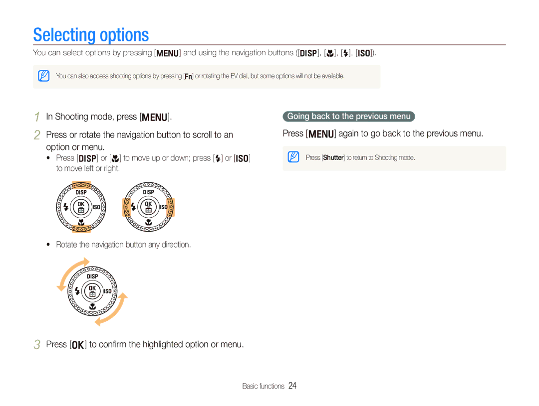 Samsung EX1 user manual Selecting options, Press m again to go back to the previous menu, Going back to the previous menu 