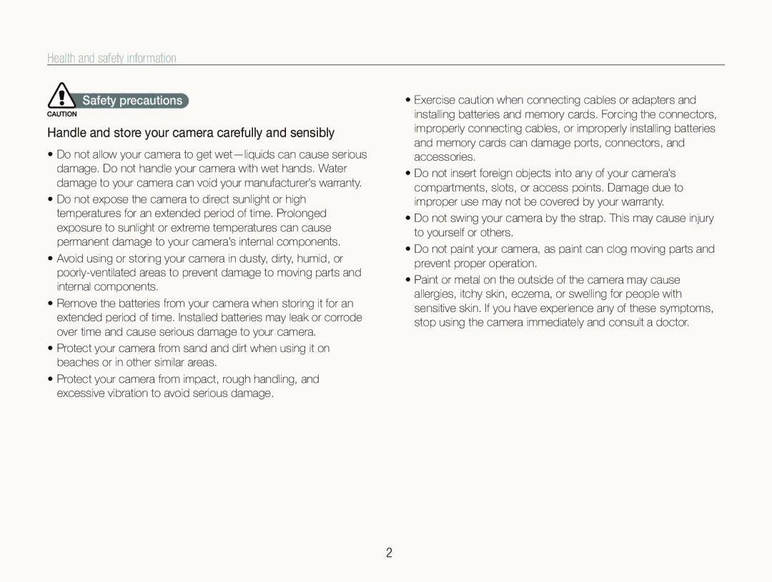 Samsung EX1 Health and safety information, Handle and store your camera carefully and sensibly, Safety precautions 