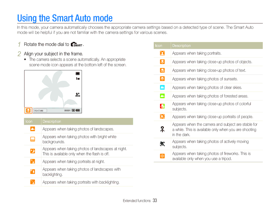 Samsung EX1 user manual Using the Smart Auto mode, Rotate the mode dial to t Align your subject in the frame 