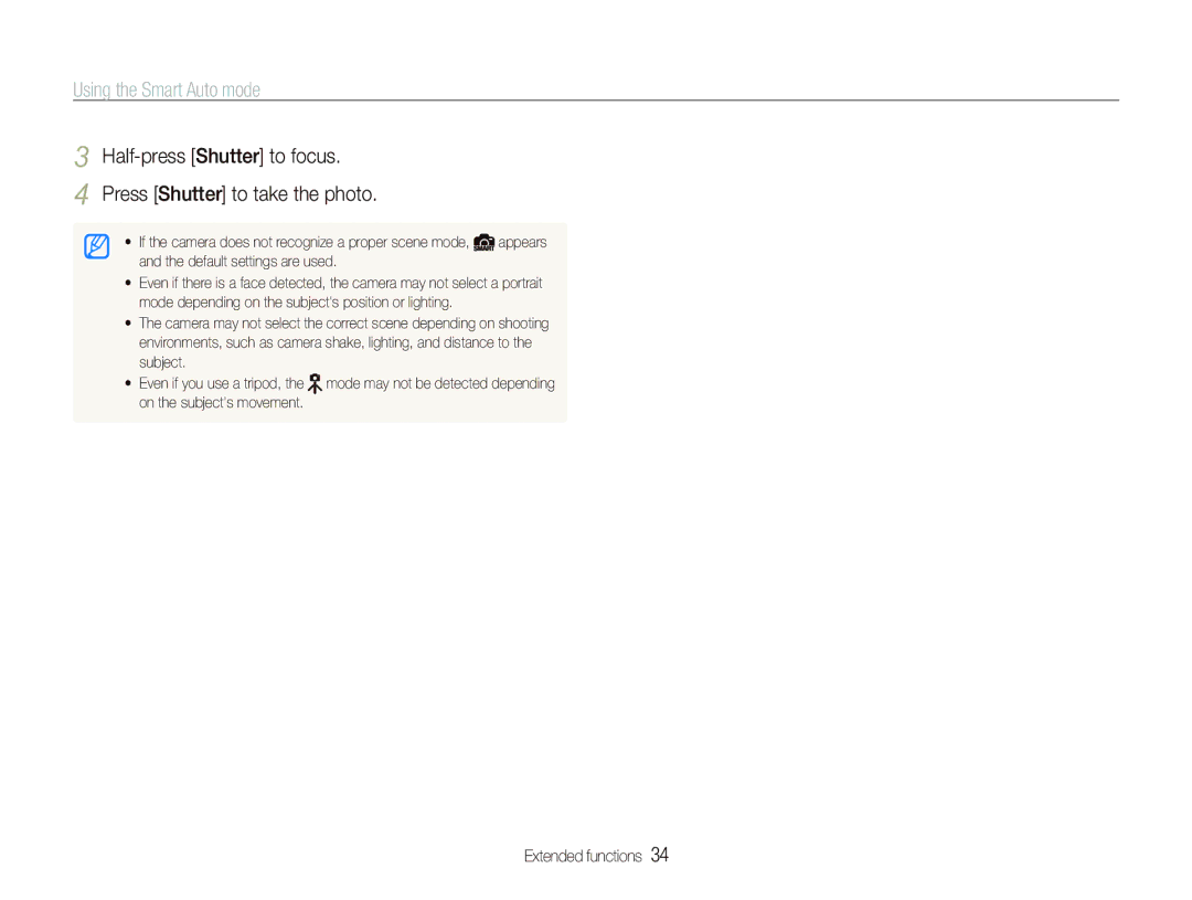 Samsung EX1 user manual Using the Smart Auto mode, Half-press Shutter to focus Press Shutter to take the photo 