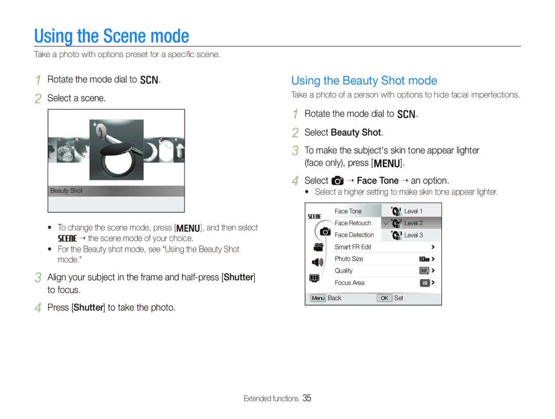 Samsung EX1 user manual Using the Scene mode, Using the Beauty Shot mode, Rotate the mode dial to s Select a scene 