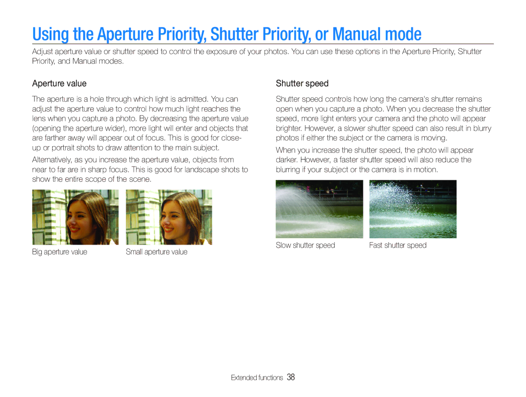 Samsung EX1 user manual Aperture value, Shutter speed, Slow shutter speed, Big aperture value 