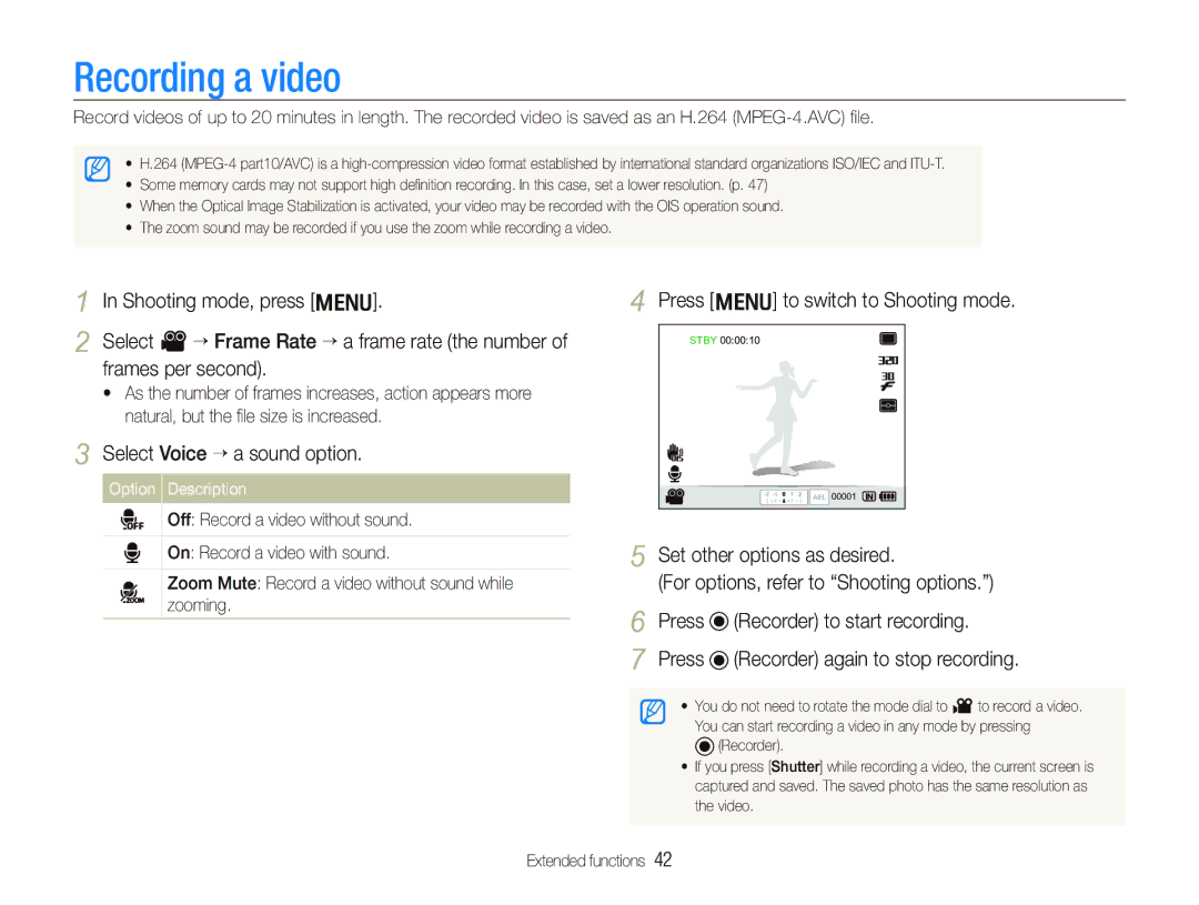 Samsung EX1 user manual Recording a video, Select Voice ““a sound option, Set other options as desired 