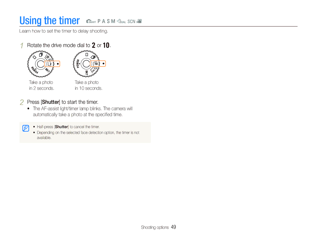 Samsung EX1 user manual Using the timer t p a S M d s, Rotate the drive mode dial to or, Press Shutter to start the timer 