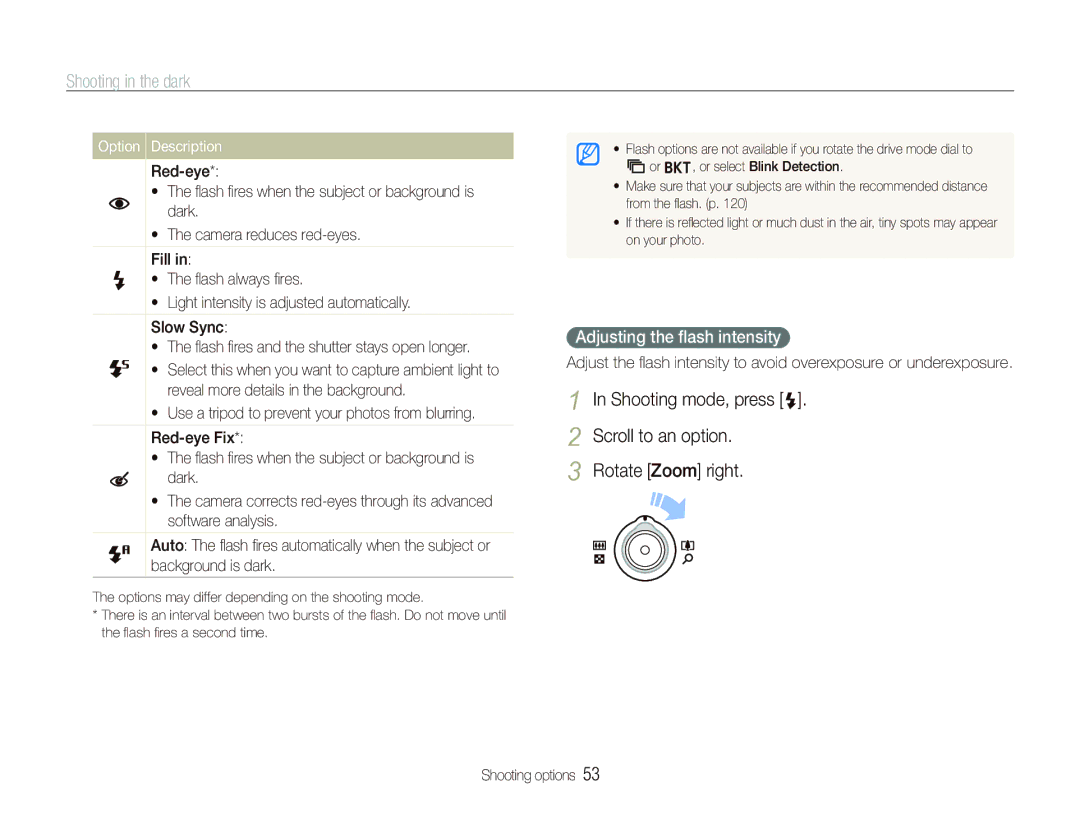 Samsung EX1 user manual Shooting in the dark, Adjusting the ﬂash intensity 