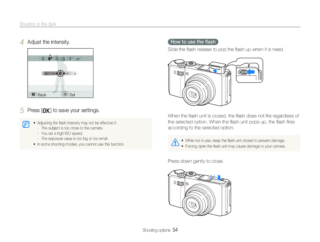 Samsung EX1 user manual How to use the ﬂash, Slide the ﬂash release to pop the ﬂash up when it is need 